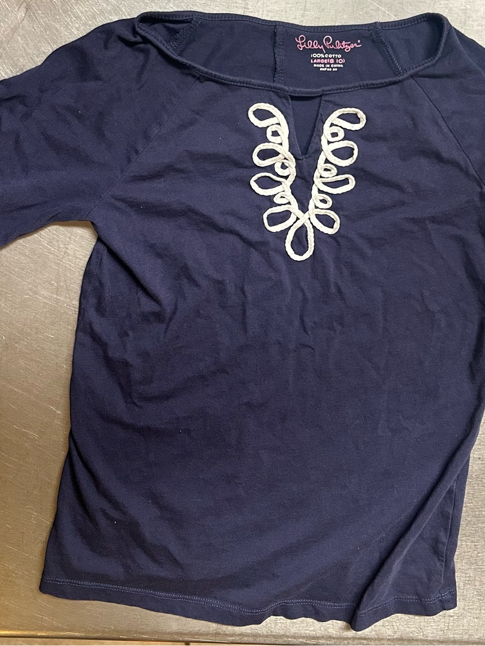 Lilly Pulitzer Navy Top with Cream Loop Embroidery Detail
